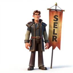 stern squire with banner, stylized pixar-style 3d render, full body, standing, isolated on a pure white background, centered, whole figure in frame, sharp focus, studio lighting