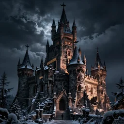 Evil castle ,inspired by Evgeny Lushpin,George, greg rutkowski winter,nighttime,cinematic,art station