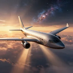 a beautiful artwork illustration, concept art sketch of a cyberpunk airplane in a galactic nebula at sunset, volumetric fog, godrays, high contrast, high contrast, high contrast, vibrant colors, vivid colors, high saturation, by Greg Rutkowski and Jesper Ejsing and Raymond Swanland and alena aenami, featured on artstation, wide angle, vertical orientation