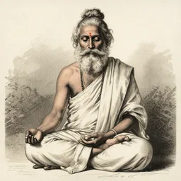 sketch of a cool sadhu with a beard meditating, 3 / 4 portrait, etching by louis le breton, 1 8 6 9, 1 2 0 0 dpi scan