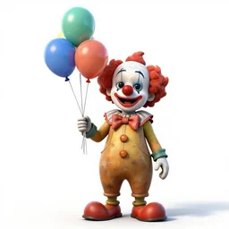 weathered clown with balloons, stylized pixar-style 3d render, full body, standing, isolated on a pure white background, centered, whole figure in frame, sharp focus, studio lighting