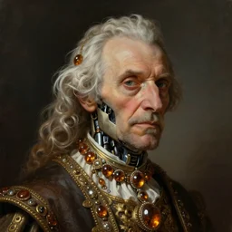 portrait headshot digital painting of a old 17th century old cyborg merchant amber jewels baroque ornate clothing scifi hyper realistic _hyperde_-n_9