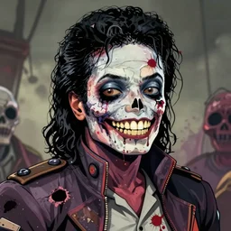 zombie !!! michael jackson! cell shaded! smiling head portrait of half decomposing michael jackson! zombie as Borderlands 3 concept art, llustration, postapocalyptic grunge, concept art by Laurie Greasley, highly detailed, sharp focus,  HQ, 4K ,art by Laurie Greasley