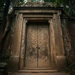 cinematic wide shot an ancient tomb door with a flower of life etched onto it, trees, trending on artstation, ambient light, 4 k, masterpiece