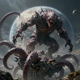 hyperdetailed photo of a highly visible and detailed monster destroying a mysterious planet by crashing its tentacles into it 8 k extremely detailed hd hyperrealism movie studio fx creepy