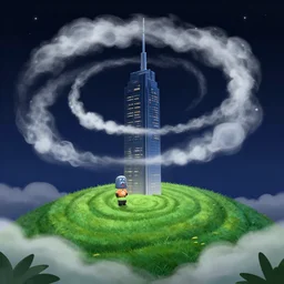nightscape chubby cartoon concept art, skyscraper over a grass spiral hill, spiral clouds, liquid smoke