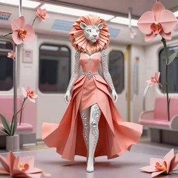 beautiful anthropomorphic lionness woman made out of ceramic and diamonds wearing a flowing salmon colored paper dress, a futuristic subway stop made out of origami, paper origami, many origami orchid flowers, full body portrait, fashion lighting, 3 d, very detailed, octane render, trending artstation, artgem