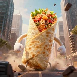 a giant anthropomorphic burrito destroying a city, cinematic