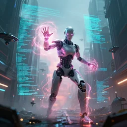 cyberpunk android casting a magical spell inside a simulation, magic lines of code in the air, special effects, lens flare, cinematic lighting, atmosphere, sparks, energy, digital world, higly detailed, futuristic street, flying drones, foggy weather, apartments, artstation, art by eddie mendoza and leif heanzo