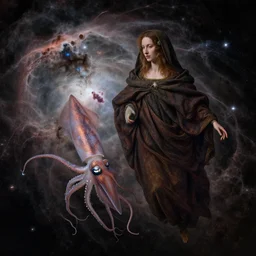 a closeup portrait of a cloaked woman floating next to an squid nebula, squid nebula, by jan van eyck