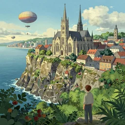 gothic architecture busy city on a cliff by the sea side, nice view, airships, aperson watchees dense foliage poster art by kim jung giu and weta studio, and lucasfilm and jesper ejsing and norman rockwell greg rutkowski frank frazzeta