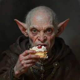 portrait of a medieval goblin eating cakes, beautiful face, hyper realistic, highly detailed, digital painting, artstation, illustration, concept art by hyung tae and frank frazetta, digital paint, matte paint, washed colors, dark, gloomy