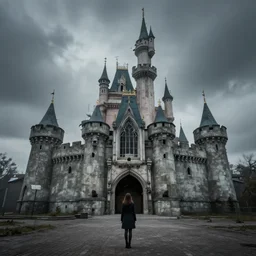 a girl in chernobyl!!! disneyland castle made of reactor concrete blocks!! silent hill!! dark cloudy, atmospheric, foggy, wide angle