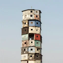 a tower made up of makeshift squatter shacks with bleached colours, mamiya, 8 5 mm, f 1. 7, fully frontal view, uniform plain sky, fine details, photographed by julie blackmon and andreas gursky