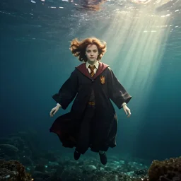 dolores umbridge underwater. crepuscular rays. photography. production still.