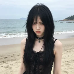pale goth girl with black hair annoyed on the beach
