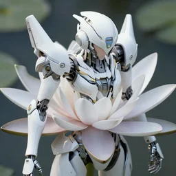 futuristic nymphaea mecha waterlily upper body flower claws, sepals forming helmet, floral details, nymphaea, 8 k hd resolution, barbatos gundam with floral inlay, bandai box art, star wars, makoto kobayashi, frank gehry, raymond swanland