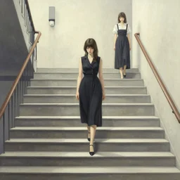 full view, from a distance, of marcel duchamp as a woman walking down a staircase, style of yoshii chie and hikari shimoda and martine johanna, highly detailed