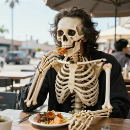 a cool anatomical skeleton eating raman at long beach, high noon