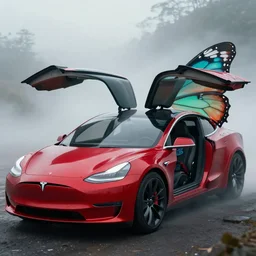 a samurai driving a tesla with butterfly doors open, red and teal, foggy 8k well-rendered, extra crisp, features intricate detail and the style of Unreal Engine.
