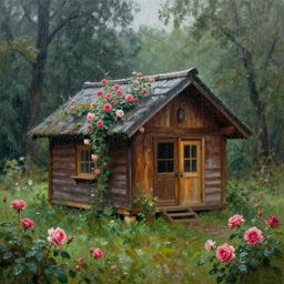 A cabin in a forest, surrounded by roses, raining, oil painting, 4K Ultra HD,