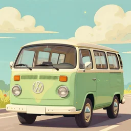 retro painting illustration of a volswagen van, 2 d, pastel color, green, yellow, green, retro style art, trendy on artstation