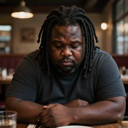 hyperrealistic mixed media portrait of a moridly obese black man with dreads being sitting alone at a restaurant, depressing and hopeless vibe, stunning 3d render inspired art by P. Craig Russell and Barry Windsor-Smith + perfect facial symmetry + dim volumetric lighting, 8k octane beautifully detailed render, post-processing, extremely hyperdetailed, epic composition, grim yet sparkling atmosphere, cinematic lighting + masterpiece, trending on artstation