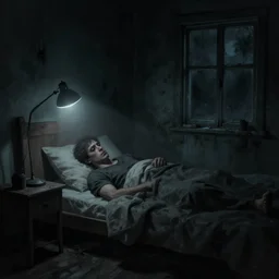 concept art, artstation, man waking up, just waking up, night, lamp lighting, horror, dark room, desolated, a window, atmospheric, grunge