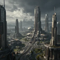 science fiction city, high details, moody, wide shot, andreas rocha, marc simonetti, cgsociety