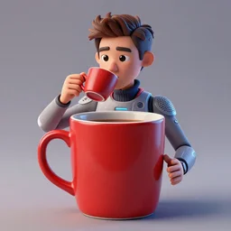 portrait of a ( ( ( large red ceramic mug of coffee ) ) ), ( ( dotado futuristic guapo y joven espanol ) ), drinking coffee, 3 d photorealistic, concept character, by filip hodas, trending on artstation