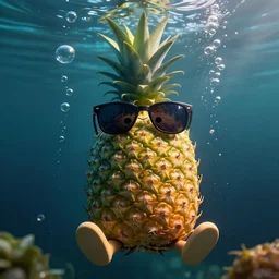 a single delicious pineapple with sunglasses and smiling at the camera sitting underwater, bubbles, digital art, concept art, trending on DeviantArt, trending on Artstation, high quality, 8K HDR, octane render, unreal engine 5, path tracing, dramatic lighting, cinematic, highly detailed, hyper realistic, medium shot