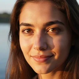 high detail, very close, macro portrait photo, of a beautiful looking woman with deep brown eyes and long brown hair, smiles at the camera, next to a lake at golden hour, shot using a zeiss supreme prime lens