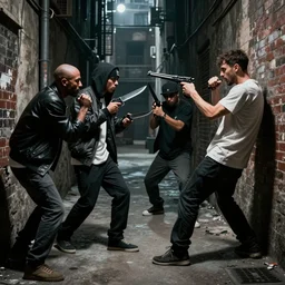 hip - hop rappers in a brawl with knifes and guns in a dark alley in the style of jean - leon gerome