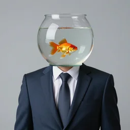 man in a suit with a goldfish bowl for a head