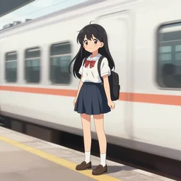 a cute anime girl standing on the edge of a moving train