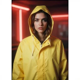 A detailed and realistic portrait photography of a woman wearing a yellow raincoat with hoodie. Cinematic. Red neon lights and glow in the background. Lens flare. Portra 800 film. Helios 44m