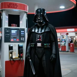 film still of Darth Vader works at a gas station in the new Star Wars movie, 4k