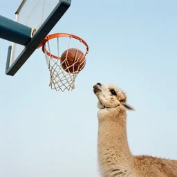 film still of a llama in a jersey dunking a basketball, low angle, show from below, tilted frame, 3 5 °, dutch angle, extreme long shot, high detail, indoors, dramatic backlighting