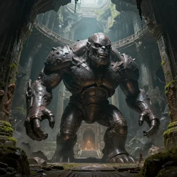 massive iron golem guarding an ancient temple, epic fantasy art, highly detailed and intricate, underground, depth of view, crumbled bridge in the background, moss on the walls, bastien lecouffe - deharme