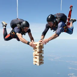 photo of two skydivers playing a game of jenga