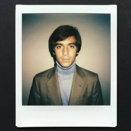 A polaroid of a man wearing a blazer and turtleneck, 1972