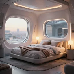 a hyperrealist photography of a futuristic cozy bedroom by simon besombes