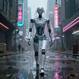 a humanoid robot wearing a torn transparent plastic cloak walking the flooded streets of an abandoned futuristic city with neon signs,