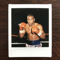 polaroid of mike tyson throwing a punch, in boxing ring