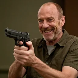 a medium shot photo of saul goodman extremely happy to have a pistol in his hand,8k, DSLR, highly detailed skin, highly detailed hands