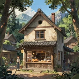 concept art painting of a historic bakery with european and japanese architecture, window with baked goods, in a woodland village surrounded by trees and mountains, realistic, detailed, cel shaded, in the style of makoto shinkai and greg rutkowski and james gurney