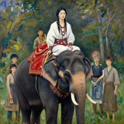 portrait of the tribal ethnic asian female, sitting on top of a war elephante poses by gaston bussiere, anna nikonova aka newmilky, greg rutkowski, yoji shinkawa, yoshitaka amano, tsutomu niehi, impressionism, monet,