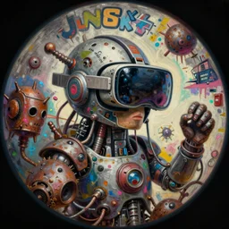 junkys drawing graffiti, cybertronic gadgets and vr helmet, durty colours, micro technology, rotten textures, rusty shapes, biotechnology, bao phan, tim hildebrandt, wayne barlow, bruce pennington, donato giancola, larry elmore, oil on canvas, fisheye objective, mid shot, masterpiece, trending on artstation, featured on pixiv, cinematic composition, hyper - detailed, hd, hdr, 4 k, 8 k