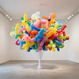 a huge amount of twisted, abstract animal balloons in an empty room