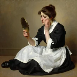 painting by Edmund Blair Leighton of a beautiful barmaid sitting on the floor, holding a mirror and looking sad, detailed face, touching her face with the other hand